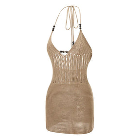 Hirigin feminino sem costas halter mini vestido casual verão malha crochê recorte bodycon vestido de festa para praia clube streetwear