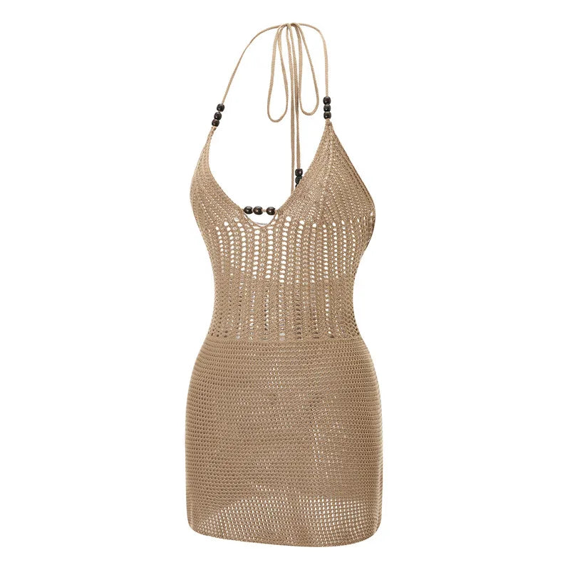 Hirigin feminino sem costas halter mini vestido casual verão malha crochê recorte bodycon vestido de festa para praia clube streetwear