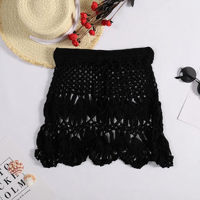 Feito à mão crochê oco para fora roupa de banho cobrir cor sólida cordão saia curta feminina férias tricô doce beachwear
