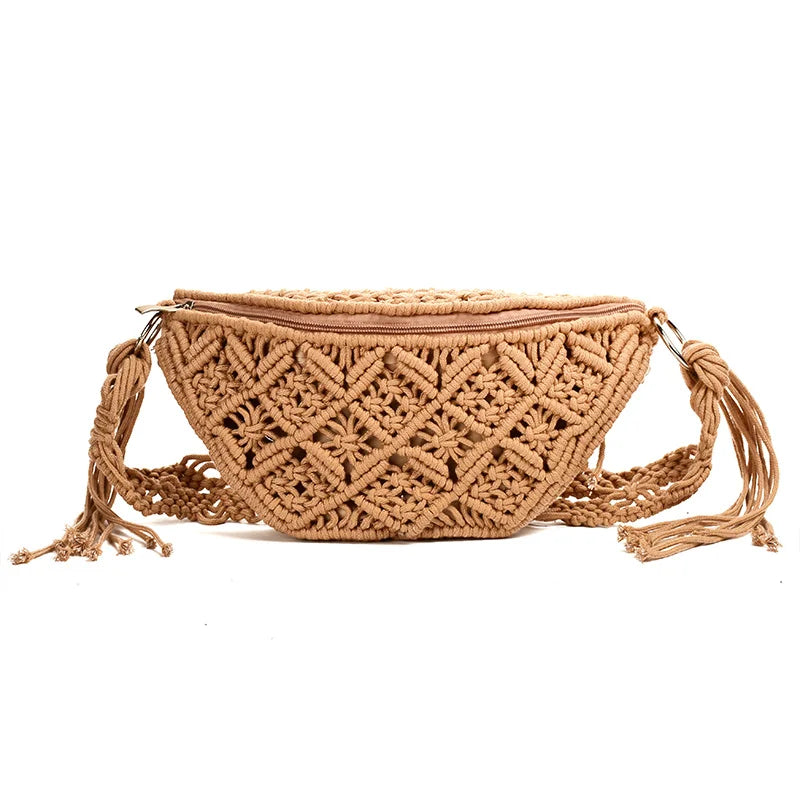 Bolsa de praia tecida à mão com borlas, boêmia, crochê de algodão oco, sacola de viagem, bolsa estilo étnico, bolsa axilas, verão