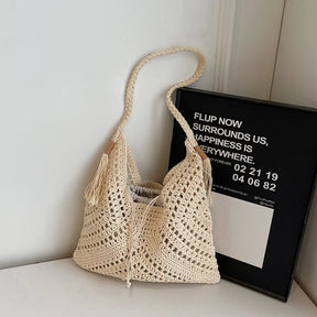 bolsa feminina bolsa de praia bolsa feminina luxo bolsa faculdade Conjunto de bolsa de ombro 2 em 1 de crochê para mulheres ráfia boho rattan verão praia férias sacolas de malha design bolsas femininas 2025