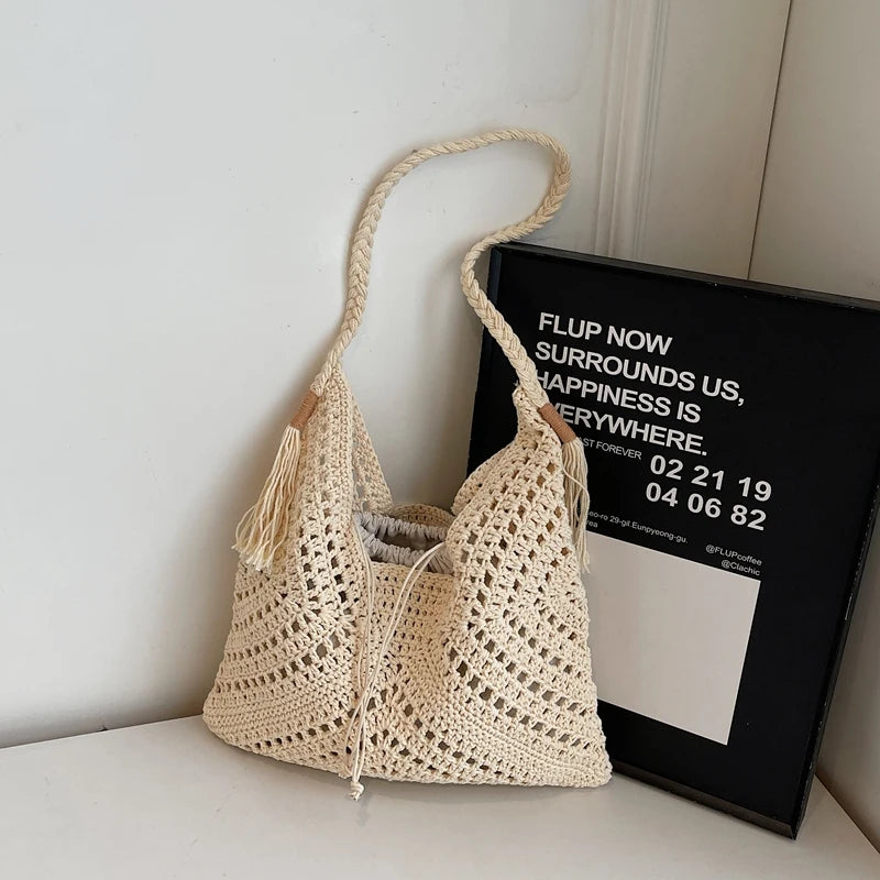 bolsa feminina bolsa de praia bolsa feminina luxo bolsa faculdade Conjunto de bolsa de ombro 2 em 1 de crochê para mulheres ráfia boho rattan verão praia férias sacolas de malha design bolsas femininas 2025