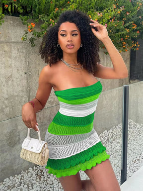 Kliou painéis listrado malha oco para fora mini vestido feminino casual envolto peito sem mangas bodycon menina quente streetwear outfit