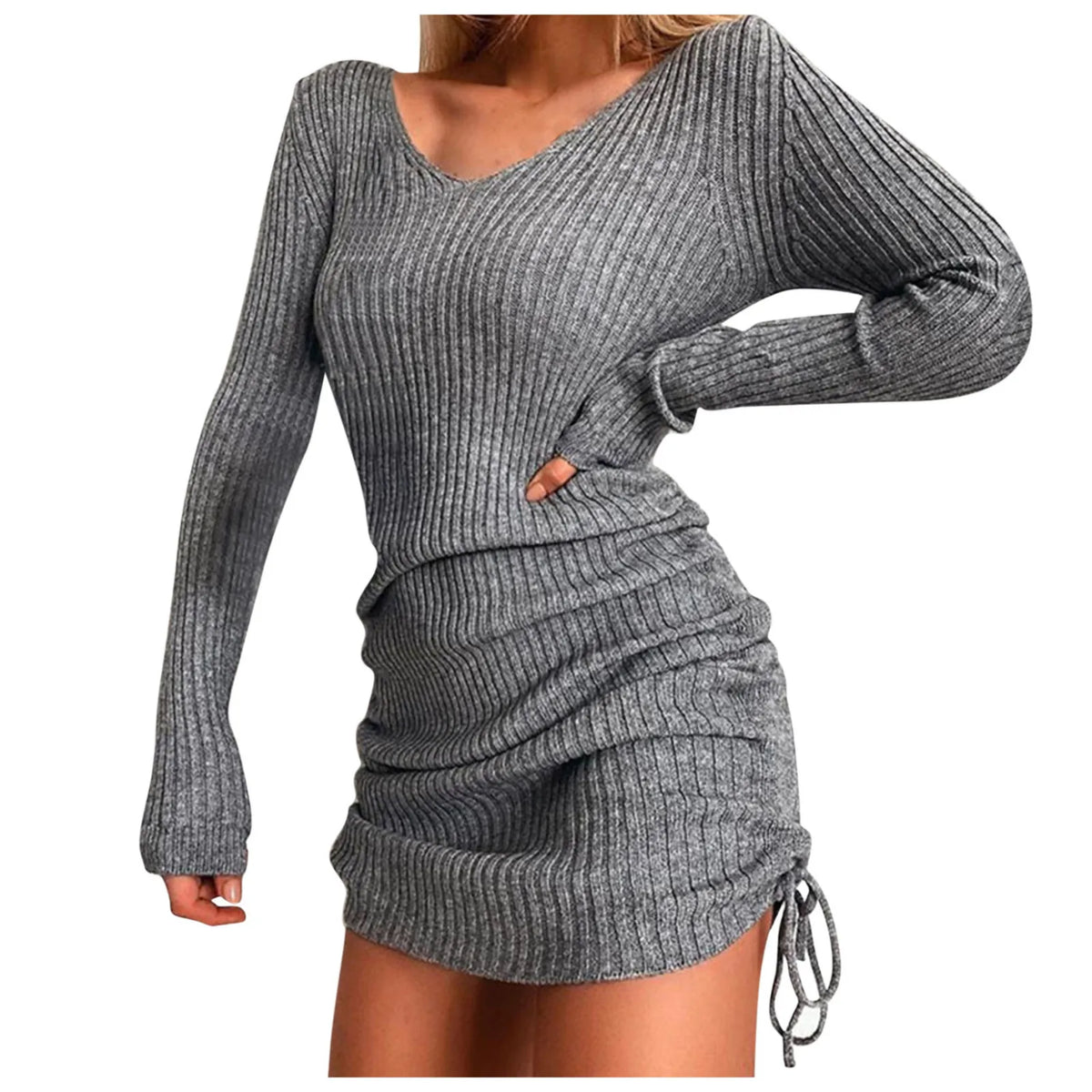 Outono camisola vestido para mulheres tricô sexy cordão plissado bodycon vestido curto com decote em v manga longa envolto hip mini vestido