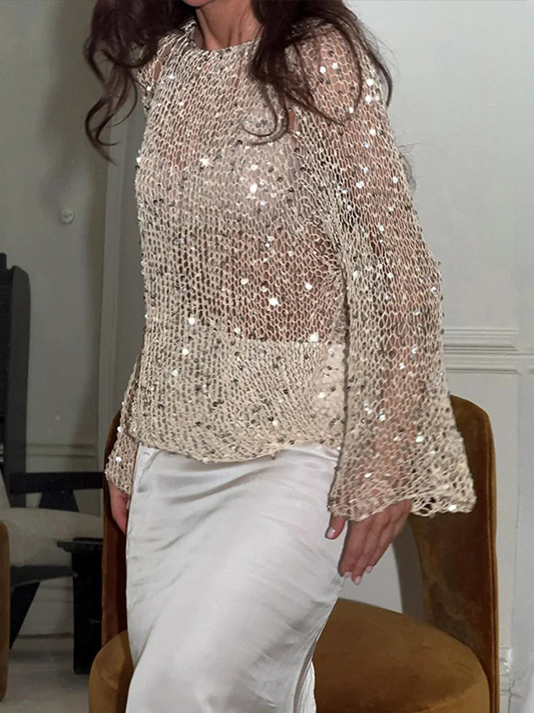 Chique crochê malha lantejoulas camisola feminina em torno do pescoço ver através da manga lanterna topo 2025 quatro temporada rua férias senhora topos