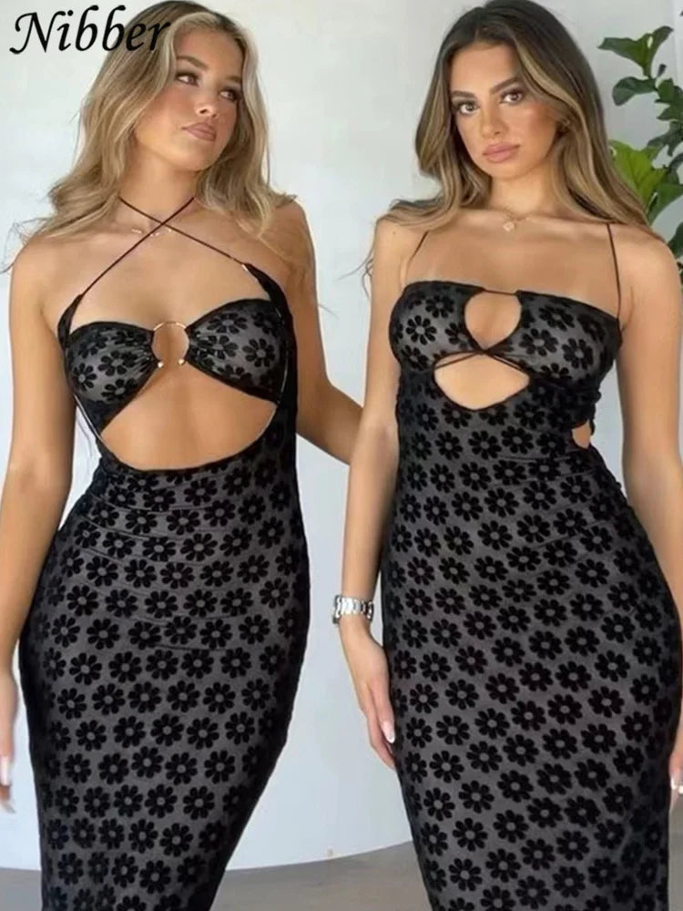Nibber cor sólida pendurado pescoço maxi vestido sexy oco feminino perspectiva saco quadris robe feminino rua na moda vestidos roupas