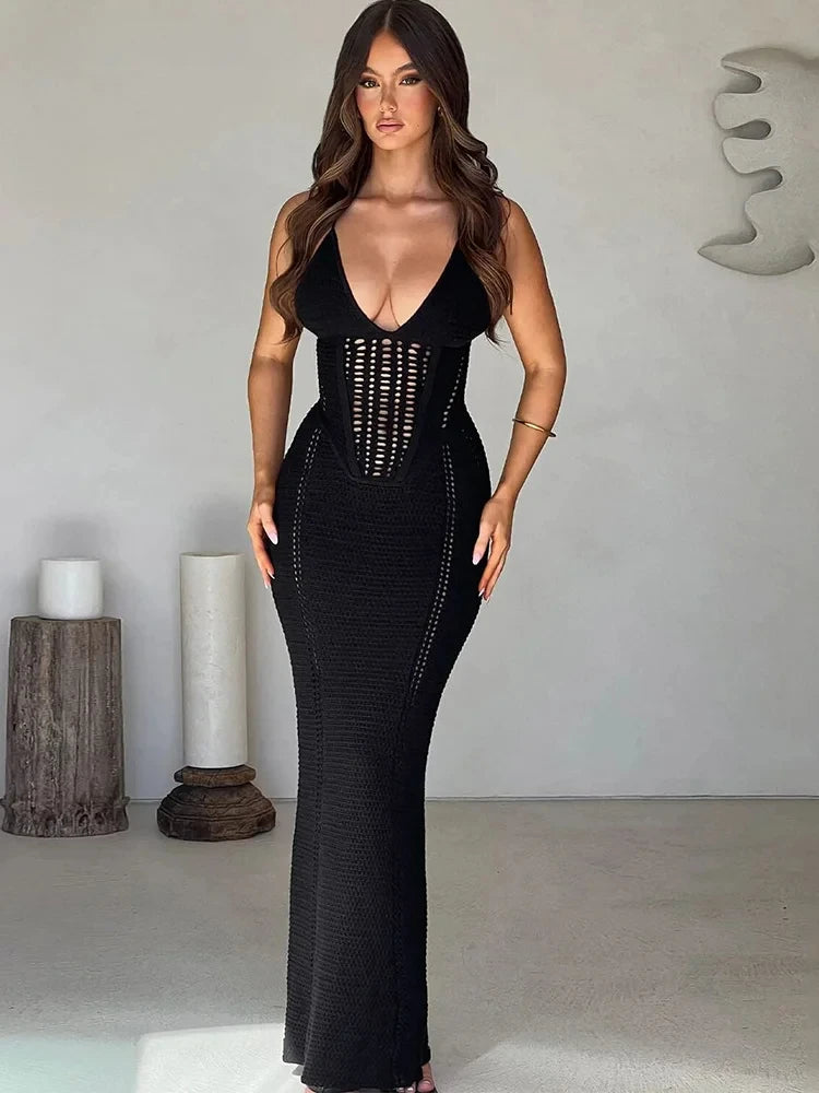 Bwq gato malha elegante vestido feminino sem mangas sem costas cruz bandagem estiramento simples sexy festa de aniversário clubwear vestidos finos