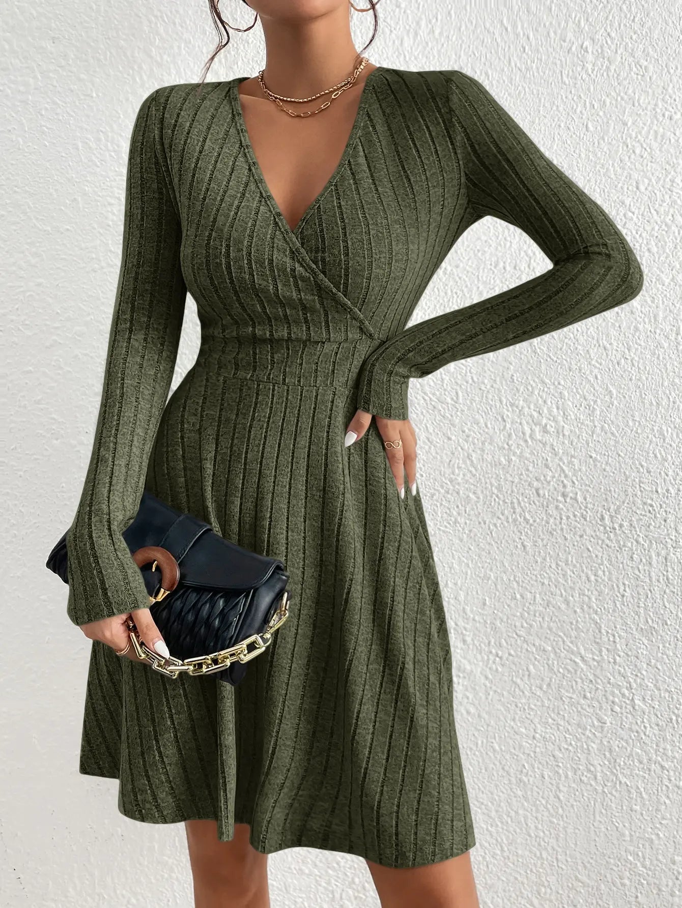 Outono e inverno novo decote em v sexy cintura a linha guarda-chuva saia grande balanço vestido de malha de mangas compridas