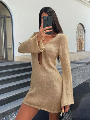 Sexy manga larga magro vestido de malha 2024 outono/inverno feminino elegante com decote em v vestidos curtos a2917