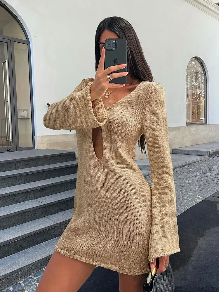 Sexy manga larga magro vestido de malha 2024 outono/inverno feminino elegante com decote em v vestidos curtos a2917