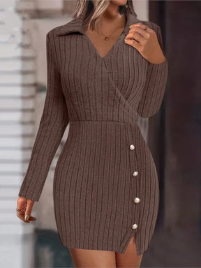 Mini vestido de malha com decote em v feminino, botão, encaixe apertado, abraço do quadril, vestidos de manga comprida, monocromático, fino, sexy, outono, inverno, novo