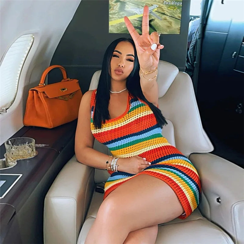Mini vestido de malha listrado com painéis feminino, bodycon sem mangas com tanque casual, roupa de streetwear quente