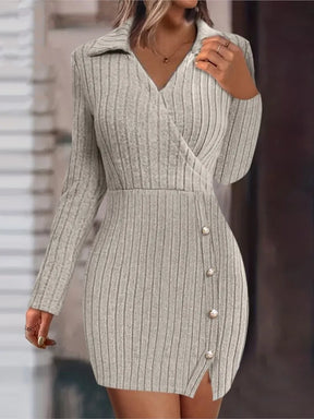 Mini vestido de malha com decote em v feminino, botão, encaixe apertado, abraço do quadril, vestidos de manga comprida, monocromático, fino, sexy, outono, inverno, novo