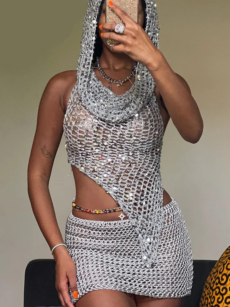 Estranho gato lantejoulas feminino 2 peças conjunto sexy ver através irregular sem costas com capuz regatas + pêssego hip saias meia-noite clubwear terno
