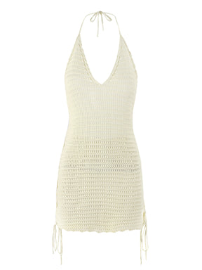 Sólido de malha halter profundo decote em v vestido 2025 feminino lado cruz cintas moda crochê praia férias crochê mini vestido k104