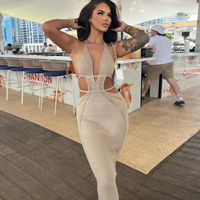 Bwq malha rendas até halter midi vestido feminino bodycon sexy streetwear festa clube outfits praia crochê vestido longo outono inverno