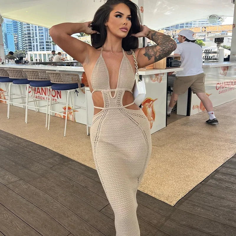 Bwq malha rendas até halter midi vestido feminino bodycon sexy streetwear festa clube outfits praia crochê vestido longo outono inverno
