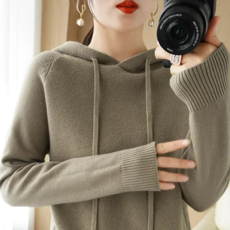 Camisola com capuz mulher outono inverno manga longa quente camisa de fundo sólido casual pullovers malha topos moda coreana jumper 2025