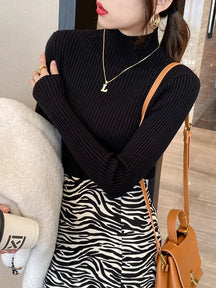 Elegante sólido básico de malha topos feminino gola alta camisola manga longa casual fino pulôver moda coreana simples roupas chiques