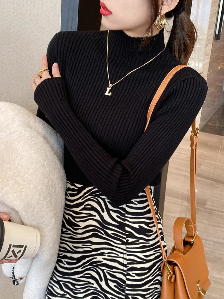 Elegante sólido básico de malha topos feminino gola alta camisola manga longa casual fino pulôver moda coreana simples roupas chiques