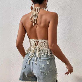Mulheres verão praia boho colheita topos sexy y2k malha sem costas oco para fora regatas crochê borlas hem halter sutiãs bustier topo