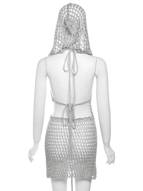 Estranho gato lantejoulas feminino 2 peças conjunto sexy ver através irregular sem costas com capuz regatas + pêssego hip saias meia-noite clubwear terno