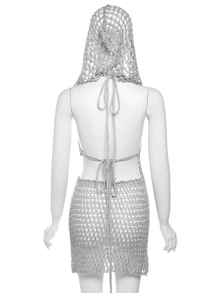 Estranho gato lantejoulas feminino 2 peças conjunto sexy ver através irregular sem costas com capuz regatas + pêssego hip saias meia-noite clubwear terno