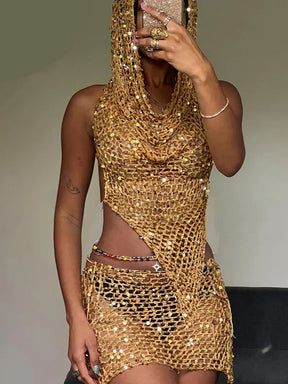 Estranho gato lantejoulas feminino 2 peças conjunto sexy ver através irregular sem costas com capuz regatas + pêssego hip saias meia-noite clubwear terno