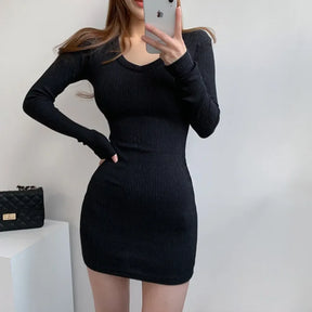 Coreano primavera 2025 com decote em v com nervuras bodycon saia apertada emagrecimento vestido de manga longa moda feminina mini vestido comprimento de manga cheia