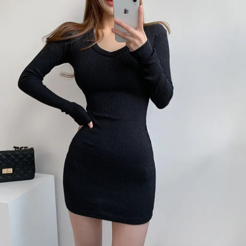 Coreano primavera 2025 com decote em v com nervuras bodycon saia apertada emagrecimento vestido de manga longa moda feminina mini vestido comprimento de manga cheia