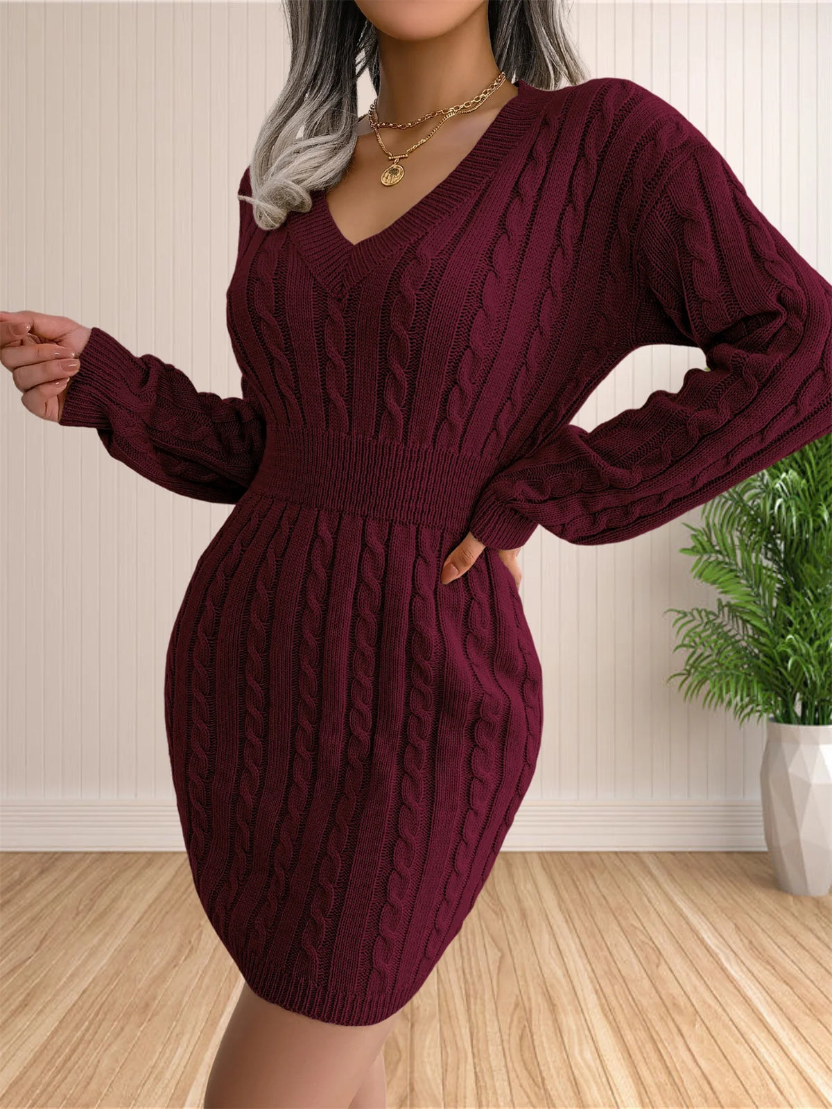 Vestidos femininos de suéter coquetel com decote em V vestido de malha suéter vestido bainha