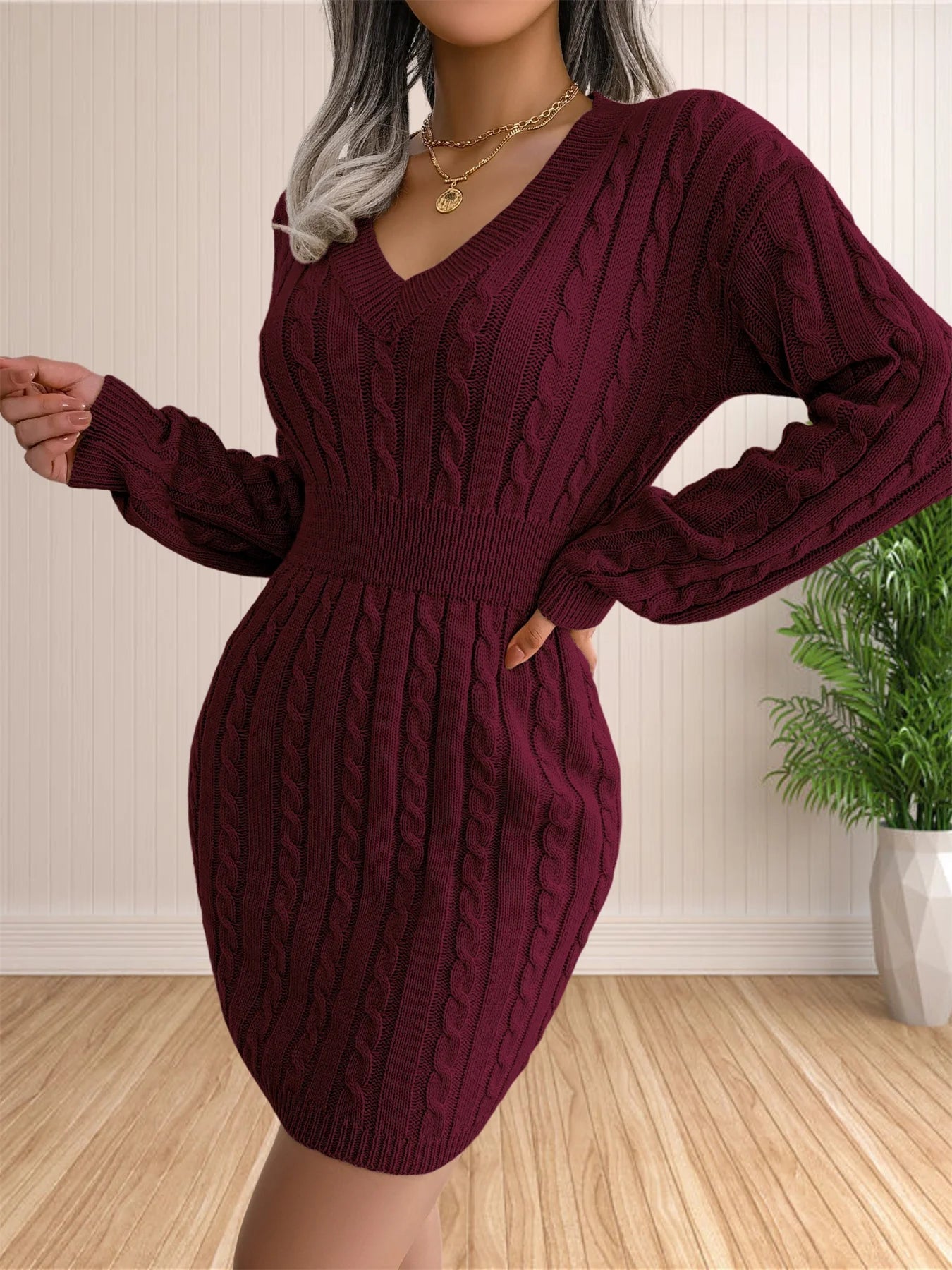Vestidos femininos de suéter coquetel com decote em V vestido de malha suéter vestido bainha