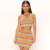 Moda feminina americana impressão halter ins pequeno colete saco hip saia terno sexy cor halter terno à beira-mar férias wear