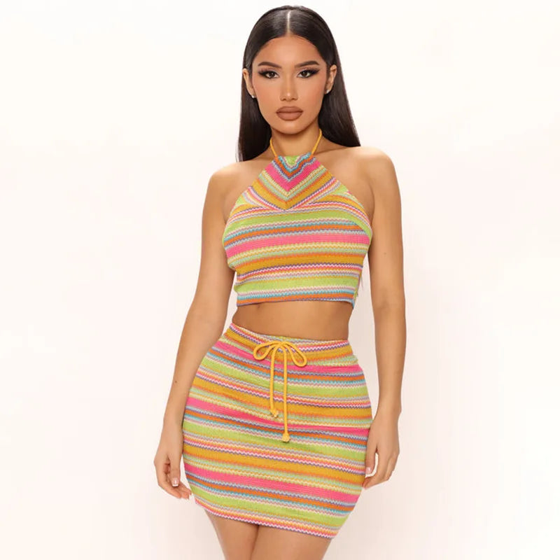 Moda feminina americana impressão halter ins pequeno colete saco hip saia terno sexy cor halter terno à beira-mar férias wear