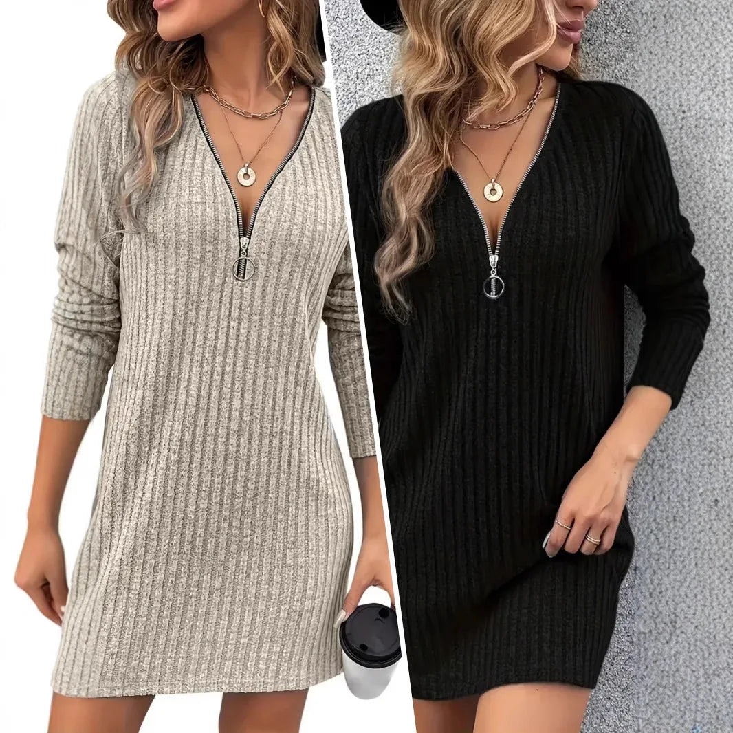Preto cáqui elegante sólido com nervuras mini vestido para mulher com decote em v manga longa alta estiramento casual outono/inverno vestidos senhora do escritório