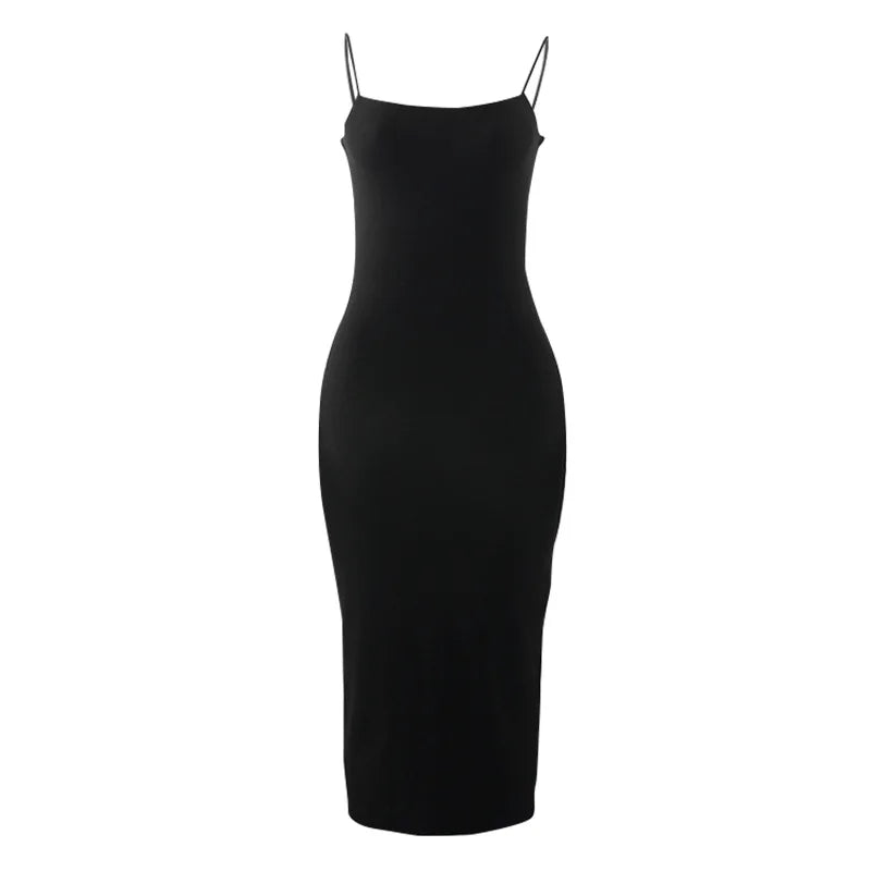 Verão preto sexy vestido feminino streetwear sem mangas sem costas sólido cinta de espaguete bodycon casual clubwear elegante vestidos de festa