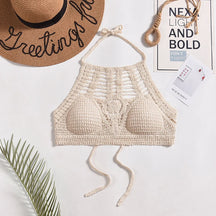 Estilo étnico boêmio Sexy malha Backless Curto Top feminino, Leve Crochet Hem Halter Bras, Escavar o Bustier, Crochê