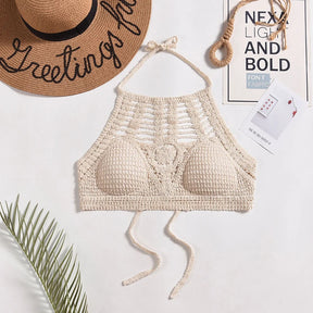 Estilo étnico boêmio Sexy malha Backless Curto Top feminino, Leve Crochet Hem Halter Bras, Escavar o Bustier, Crochê