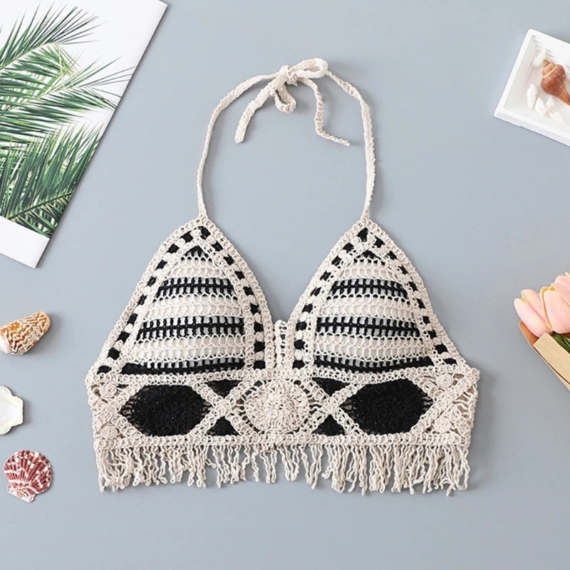 Verão malha sem curto colheita topo feminino sexy oco para fora crochê borlas bainha cabresto sutiã bustier almofadas no peito dropshipping