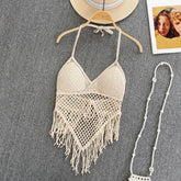 Borlas de malha oco para fora tanques camis para mulheres estilo bohemia hault sem mangas sexy femme espartilho colheita topos praia tanque camisolas