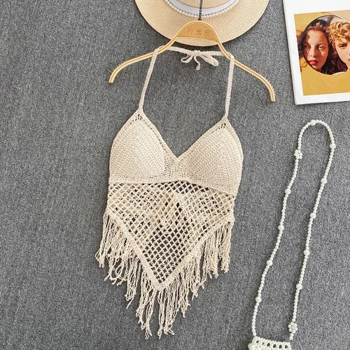 Borlas de malha oco para fora tanques camis para mulheres estilo bohemia hault sem mangas sexy femme espartilho colheita topos praia tanque camisolas
