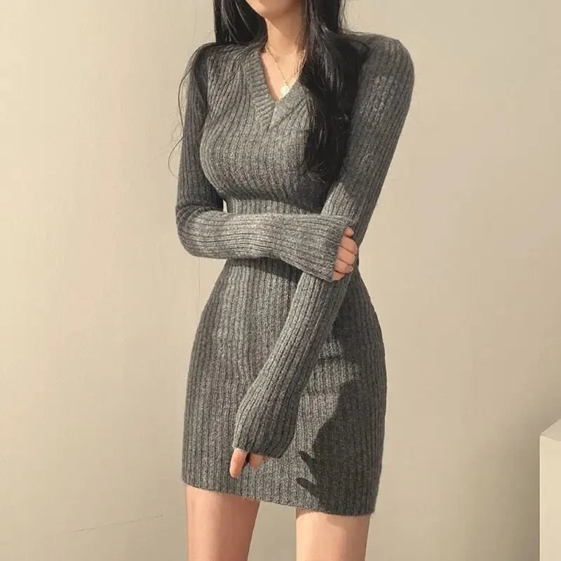 Vestido feminino de malha de malha com decote em v, monocromático, suéter Midi casual, fino, sexy, outono, inverno, 2024