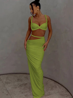 Beyprern fazendo desejos saia conjunto feminino ruched vestido de duas peças verão laranja bandagem maxi saia conjunto roupas de férias clubwear