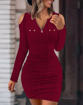 Outono inverno feminino nova cor sólida zíper sexy decote em v fora do ombro apertado saco hip casual vestido de manga comprida