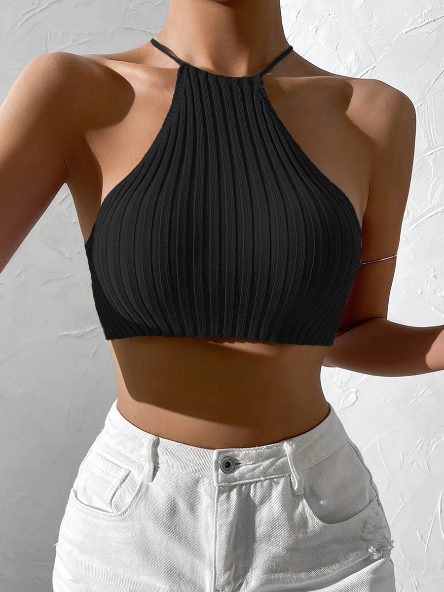 Womwen verão gravata sem costas colheita halter malha topo crossfit y2k colheita topo roupas femme sexy casual cordão recortado praia tanque