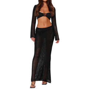 Feminino verão 2 peças crochê oco para fora maiô cobrir ups fora do ombro malha colheita pullovers + saia longa conjunto beachwear