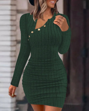 Vestidos bodycon com gola redonda e botão para mulheres, cor sólida, mini vestido envoltório com nervuras, slim fit, suéter de malha franzido