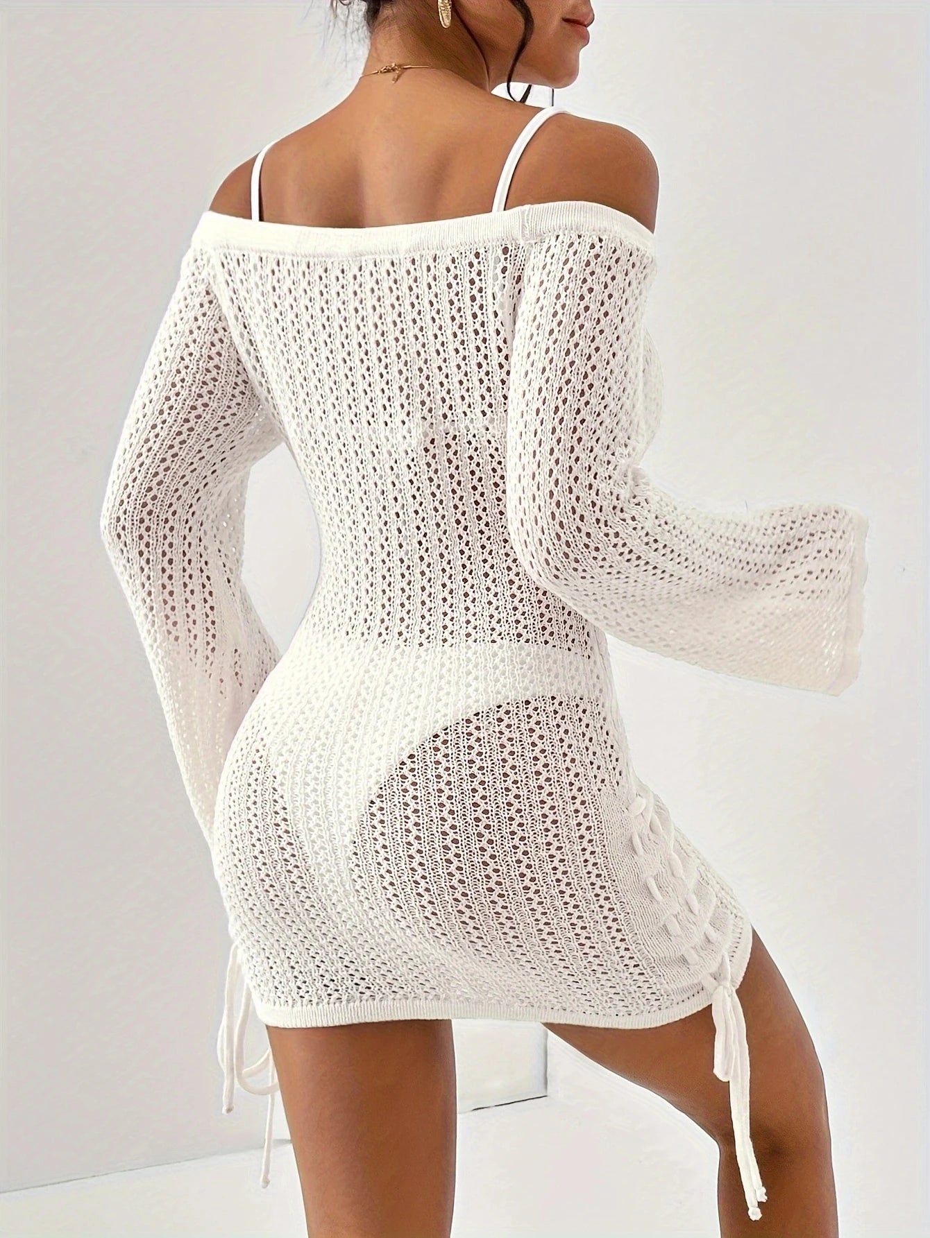Vestido branco transparente bodycon feminino, ombro de fora, manga comprida, cordão vazado, vestidos de malha, praia, férias, festa