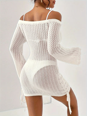 Vestido branco transparente bodycon feminino, ombro de fora, manga comprida, cordão vazado, vestidos de malha, praia, férias, festa