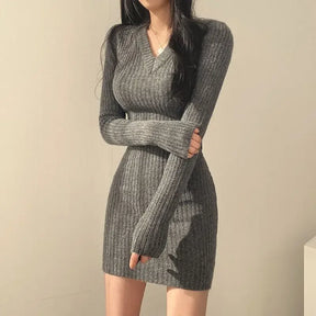 Vestido feminino de malha de malha com decote em v, monocromático, suéter Midi casual, fino, sexy, outono, inverno, 2024